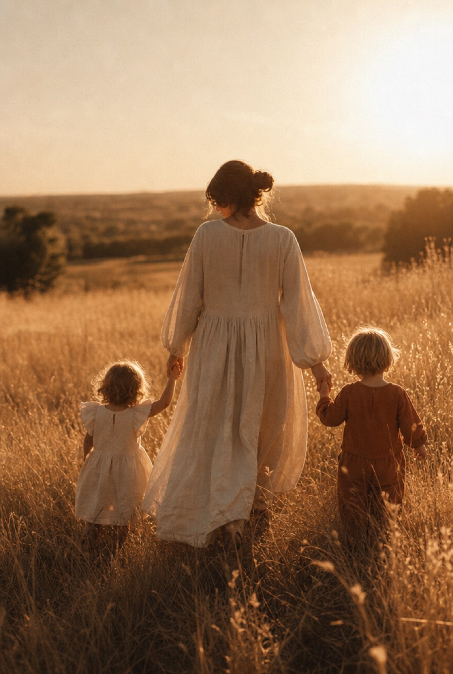 Een moeder loopt met twee kinderen aan de hand door een veld in de avondzon